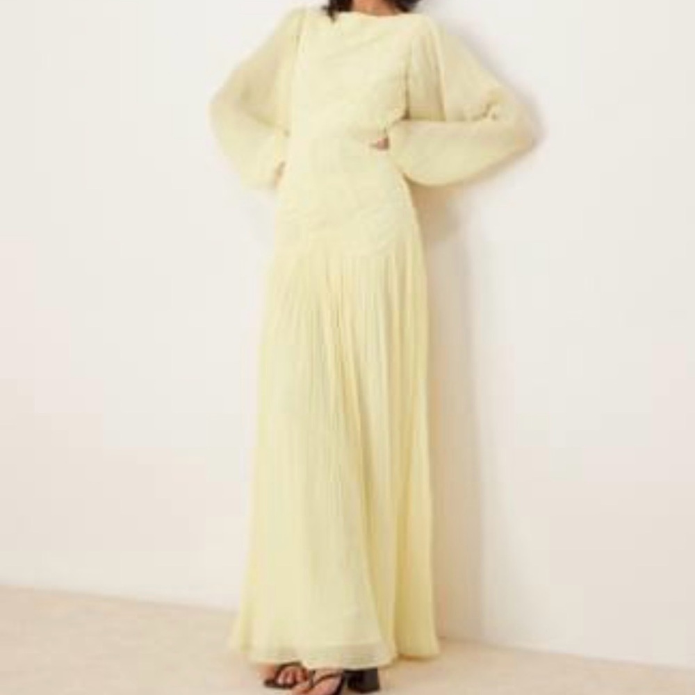 ASOS Light Yellow Long Shirred Crinkle Maxi Dress With Drop Waist